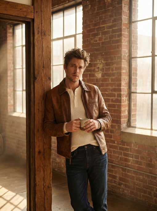 Editorial fashion photograph of a man in a rich tobacco-brown leather jacket and cream henley with d
