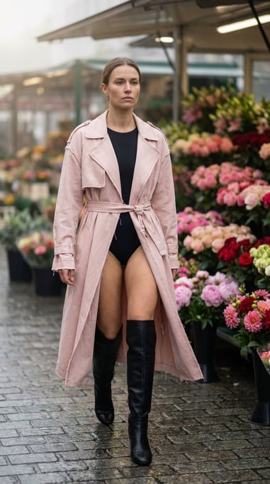 Editorial fashion photograph of a woman in a deconstructed pale pink trench coat with exposed seams