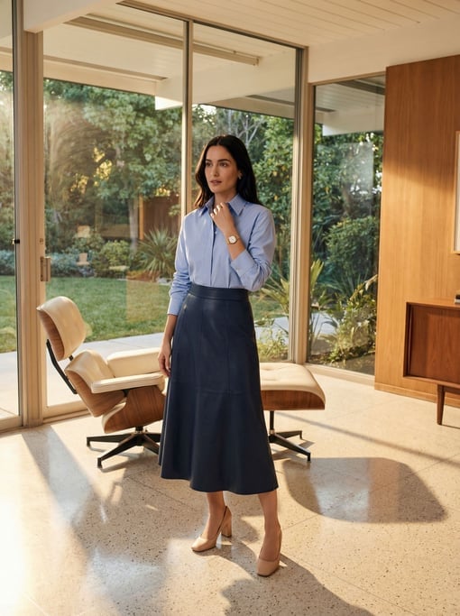 Editorial fashion photograph of a woman in a crisp powder-blue cotton shirt tucked into a navy leath