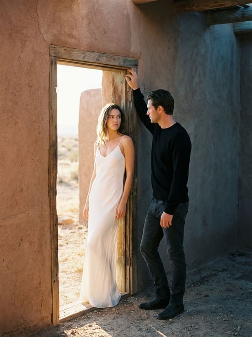 Editorial fashion photograph of two models in a doorway — a man in a black crewneck sweater and jean