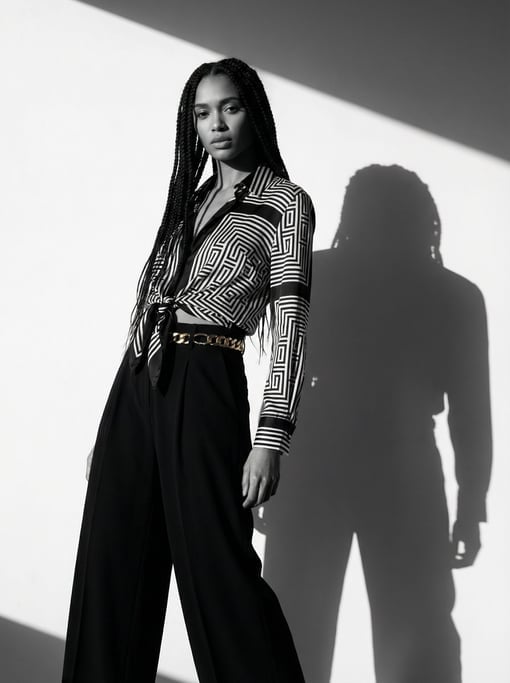 Editorial portrait of a woman with long braids in a geometric black and white printed silk shirt tie