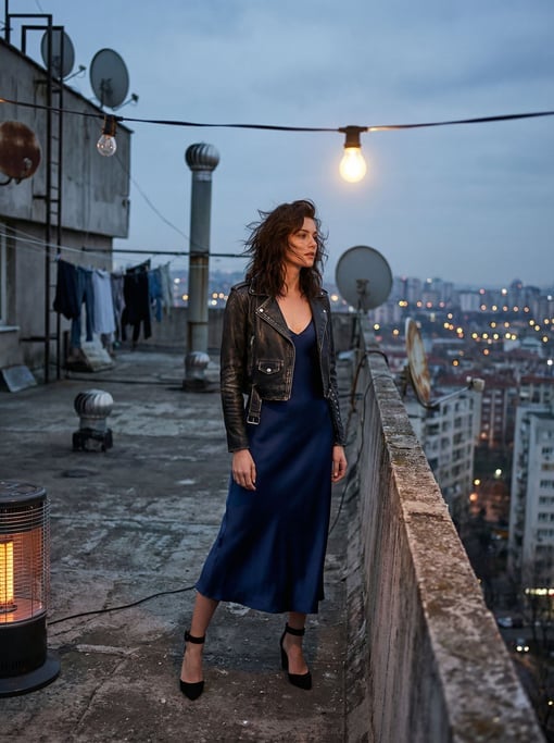Editorial fashion photograph of a woman in a midnight blue satin slip dress with a cropped black lea