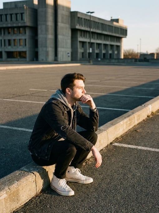 Editorial fashion photograph of a man in a washed black denim jacket over a grey hoodie and black je