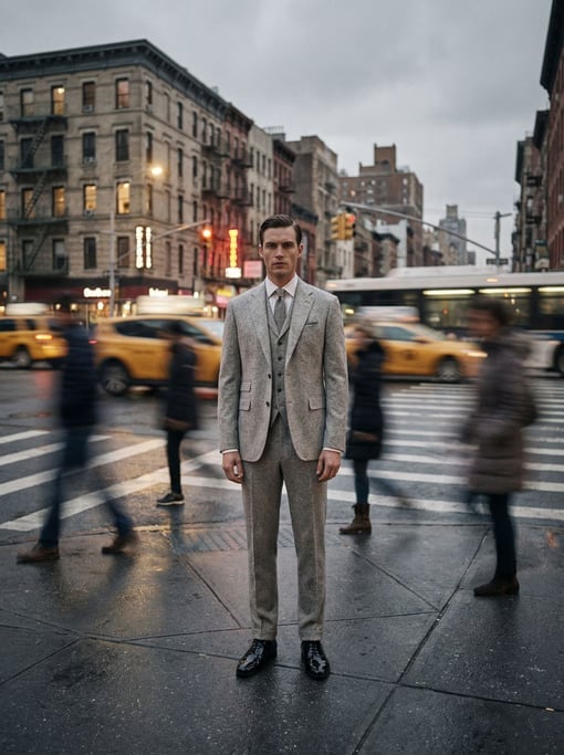 Editorial fashion photograph of a man in a pearl-grey three-piece suit and black patent oxford shoes