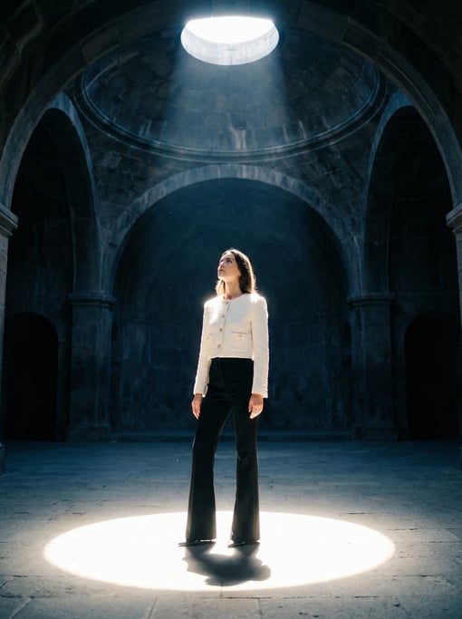 Editorial fashion photograph of a woman in a white cropped boucle jacket with gold buttons and high-