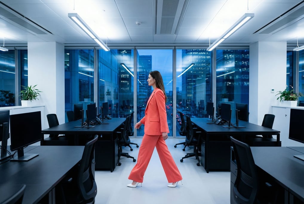 Editorial fashion photograph of a woman in a bright coral power suit with white pointed pumps