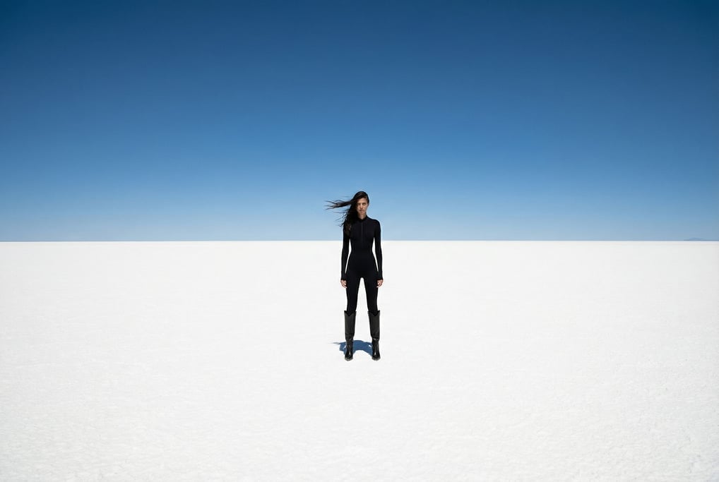 Editorial fashion photograph of a woman in a sleek black catsuit and pointed black boots standing in
