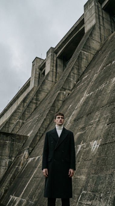 Low-angle editorial fashion photograph of a man in an ink-black wool overcoat and white turtleneck s