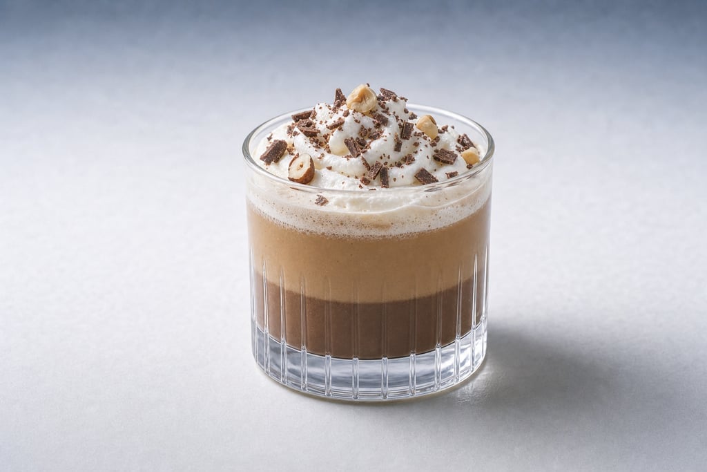 Rich hazelnut coffee with whipped cream and chocolate shavings