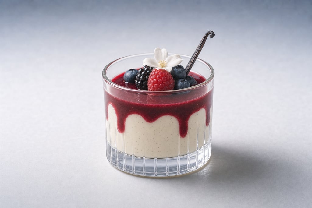 Luxurious vanilla bean panna cotta with a berry coulis drizzle