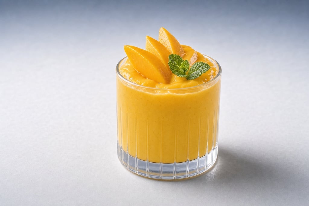 Vibrant mango smoothie with slices of fresh mango and a mint garnish