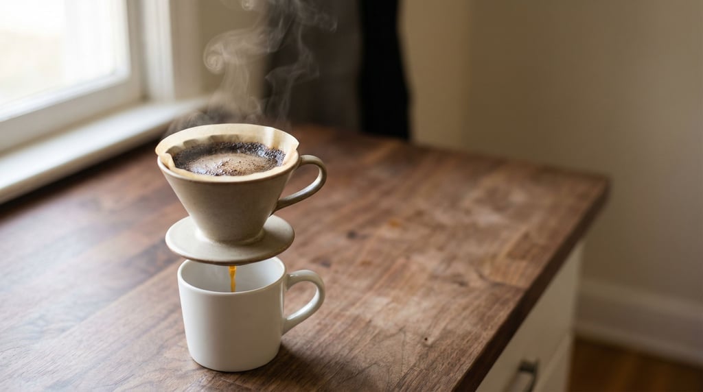 A single pour-over coffee dripper mid-bloom on a walnut countertop