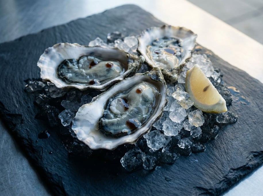 Three oysters on crushed ice atop a dark slate board, a wedge of lemon tucked beside them