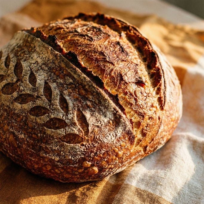 Tight close-up of a freshly baked sourdough boule scored in a wheat-ear pattern