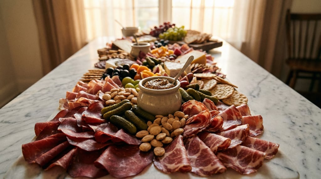 Wide shot of a charcuterie board stretching across a marble surface
