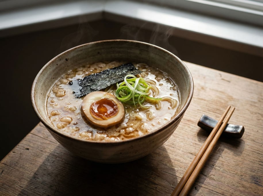 A bowl of ramen from slightly above, rich tonkotsu broth swirling with rendered pork fat