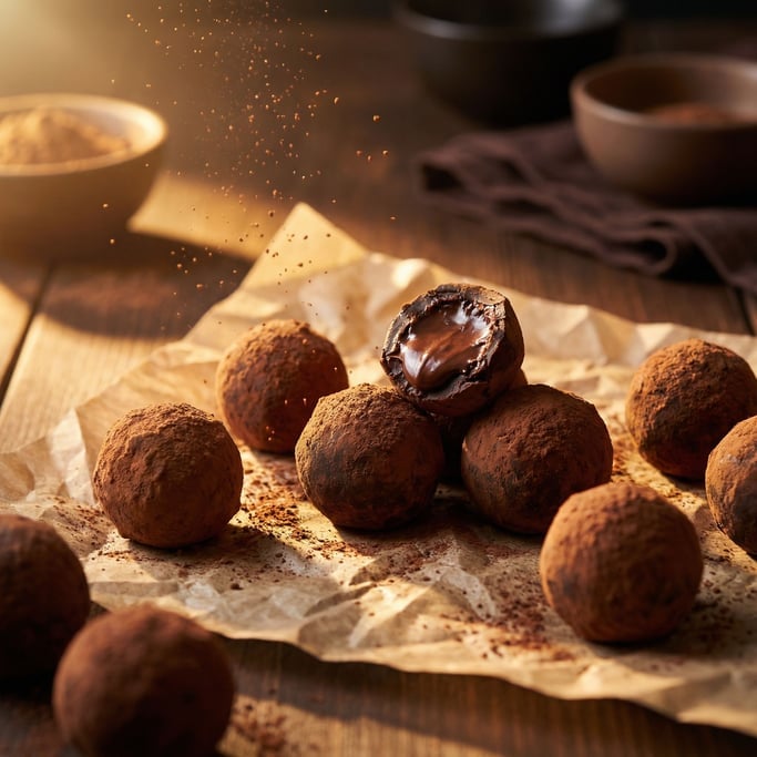 Macro shot of dark chocolate truffles dusted with cocoa powder arranged on parchment paper