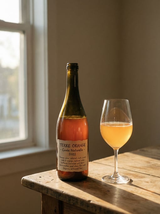 Vertical composition of a natural wine bottle with a handwritten label