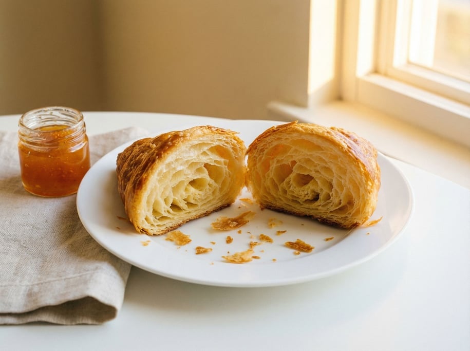 A flaky croissant torn in half on a white porcelain plate