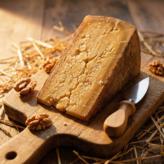 Close-up of a wedge of aged Comté cheese on a wooden cutting board