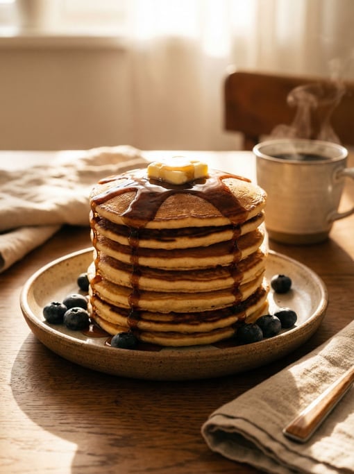 A tall stack of fluffy American pancakes on a stoneware plate drizzled with dark maple syrup cascadi