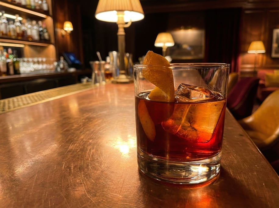A Negroni cocktail in a rocks glass on a brushed copper bar surface, the drink a deep ruby-amber