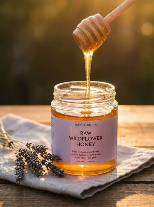 Vertical shot of a jar of raw wildflower honey with a wooden dipper lifting a golden thread of honey