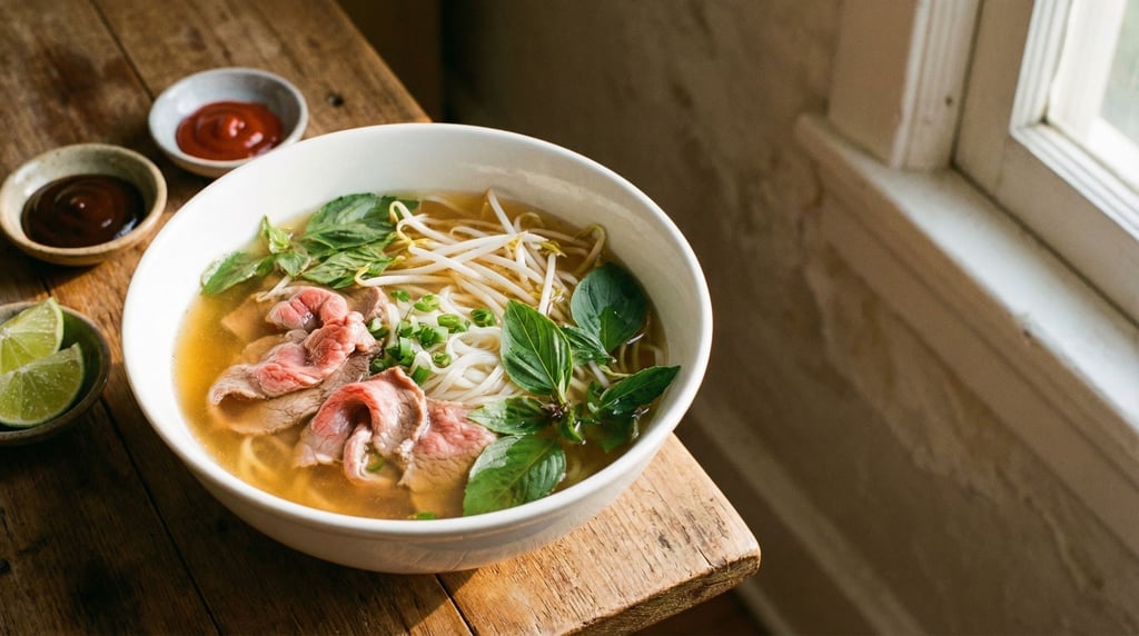 Wide composition of beef pho in a large white bowl