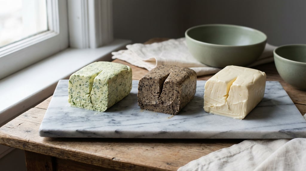 A selection of artisan butter blocks on a marble slab — herb butter flecked with green
