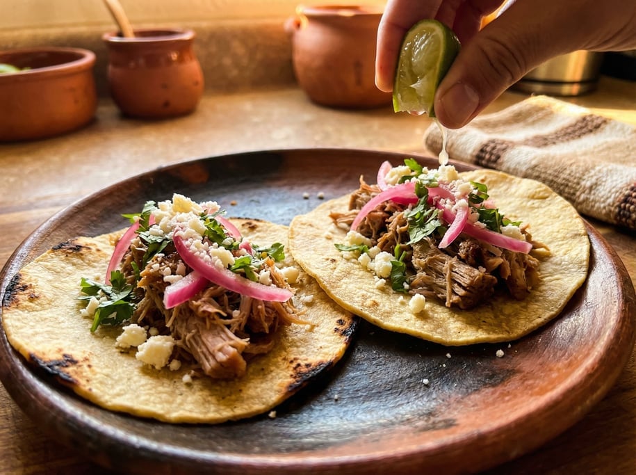 Two corn tacos on a ceramic plate with charred edges, filled with slow-roasted carnitas