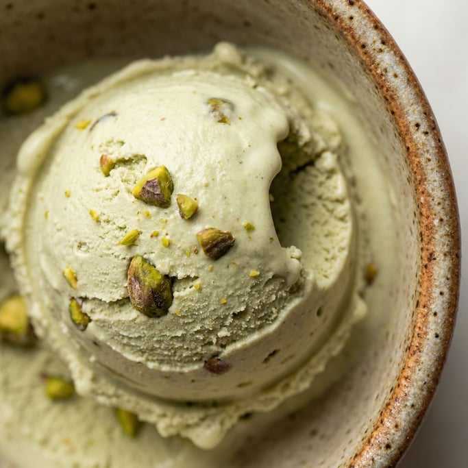 Extreme close-up of pistachio ice cream in a ceramic bowl
