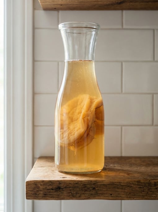 Tall vertical shot of a glass carafe of homemade kombucha with a SCOBY visible floating inside
