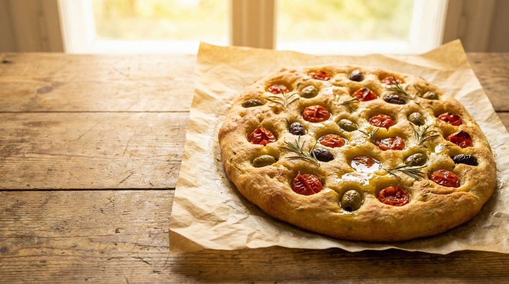 Wide landscape shot of a rustic focaccia on parchment paper