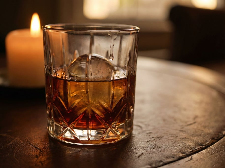A whiskey glass with a large spherical ice ball slowly melting