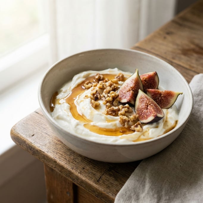 A bowl of Greek yogurt drizzled with dark wildflower honey and scattered with toasted walnuts and fr