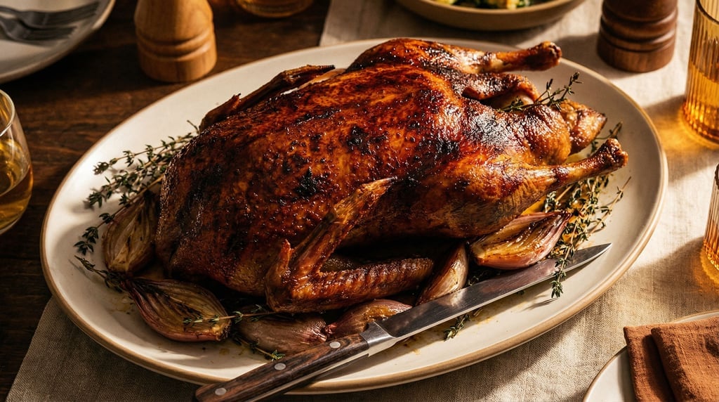 A whole roasted duck on an oval platter, skin lacquered and mahogany-dark