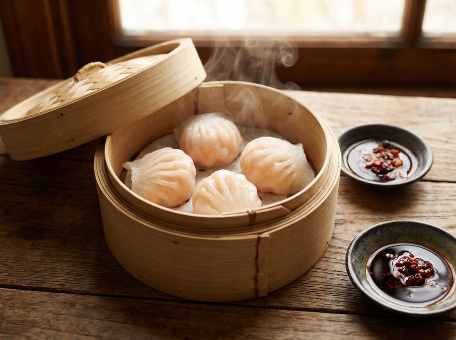 Overhead view of a dim sum bamboo steamer just opened