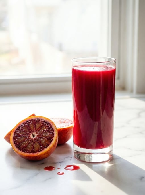 A tall glass of freshly squeezed blood orange juice with vibrant deep crimson color