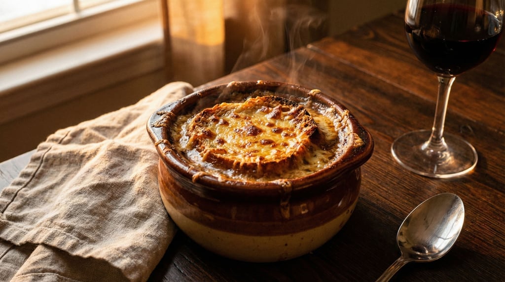 Wide shot of a French onion soup in a ceramic crock