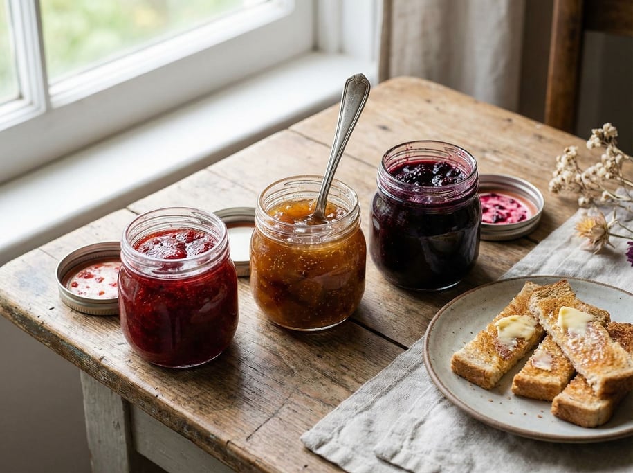 Three small jars of homemade preserves in a row — strawberry, fig