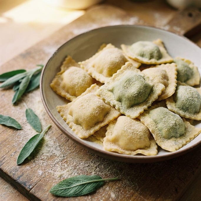 A bowl of handmade ravioli dusted with semolina flour on a floured wooden board