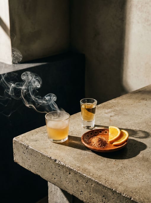 A mezcal glass with a smoky pour beside a small plate of sal de gusano and orange slices