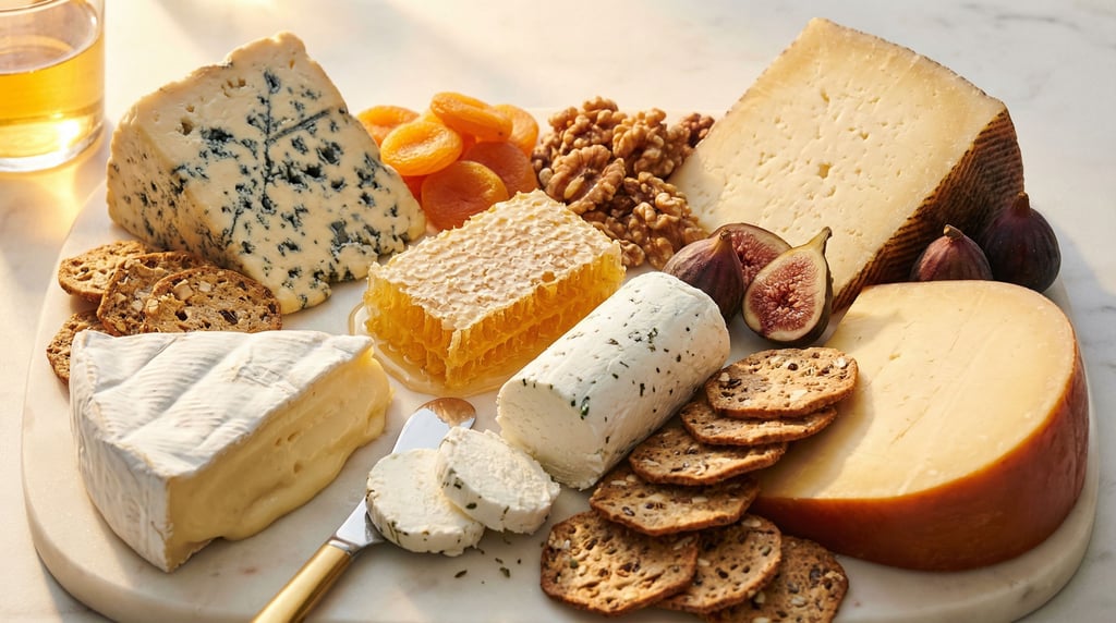 A panoramic cheese board with five distinct varieties — a blue stilton, soft brie, aged manchego