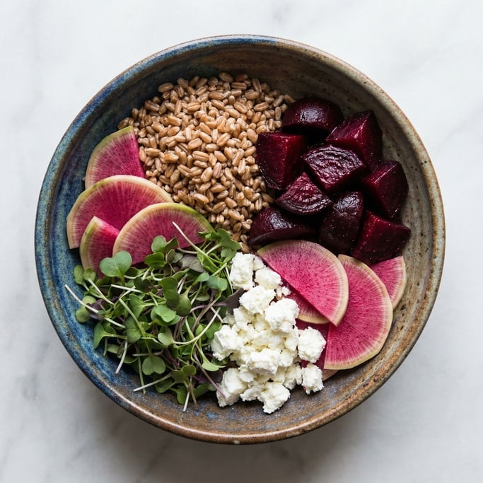 Overhead flat lay of a grain bowl — farro, roasted beets, pickled radish, soft goat cheese