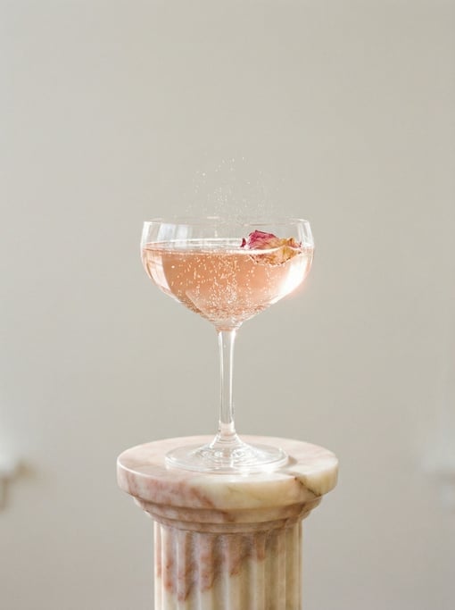 A vertical shot of a champagne coupe filled with sparkling rosé, tiny bubbles streaming upward