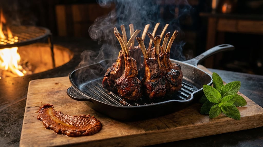 Wide composition of lamb chops frenched and seared on a cast iron grill pan