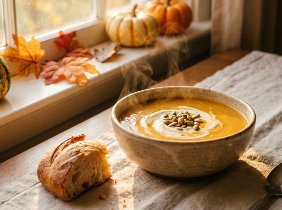A bowl of creamy butternut squash soup with a swirl of crème fraîche and toasted pepitas on top