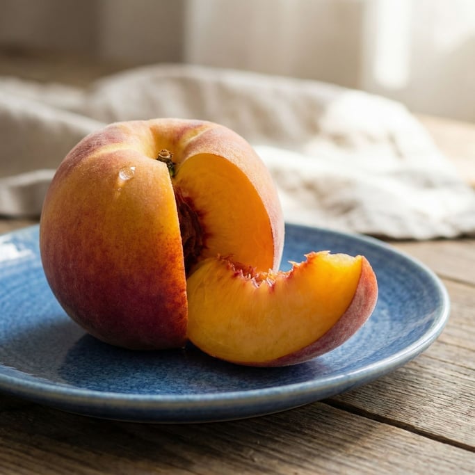A single perfect peach on a blue ceramic plate, the skin blushing from golden yellow to deep rose