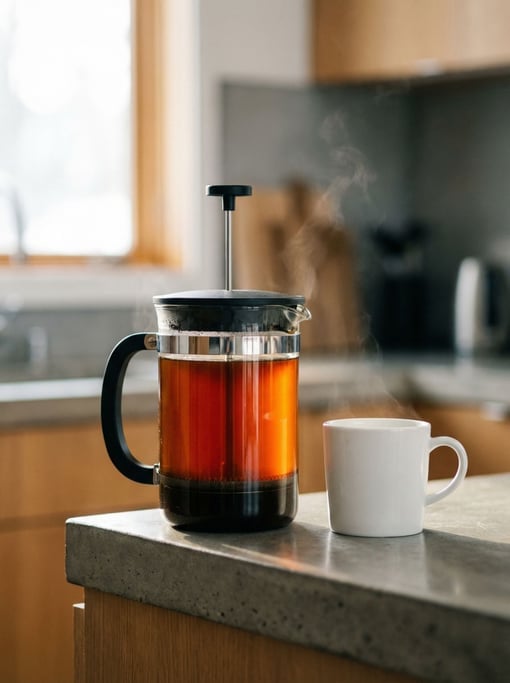 Tall vertical frame of a French press coffee maker freshly pressed
