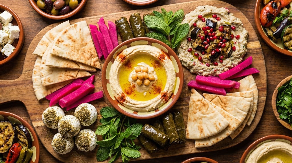 A spread of mezze on a large wooden board — hummus with olive oil pooled in the center